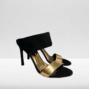 Stuart Weitzman Black Suede & Gold Patent Leather Open Toe Mule Sandals, Evening